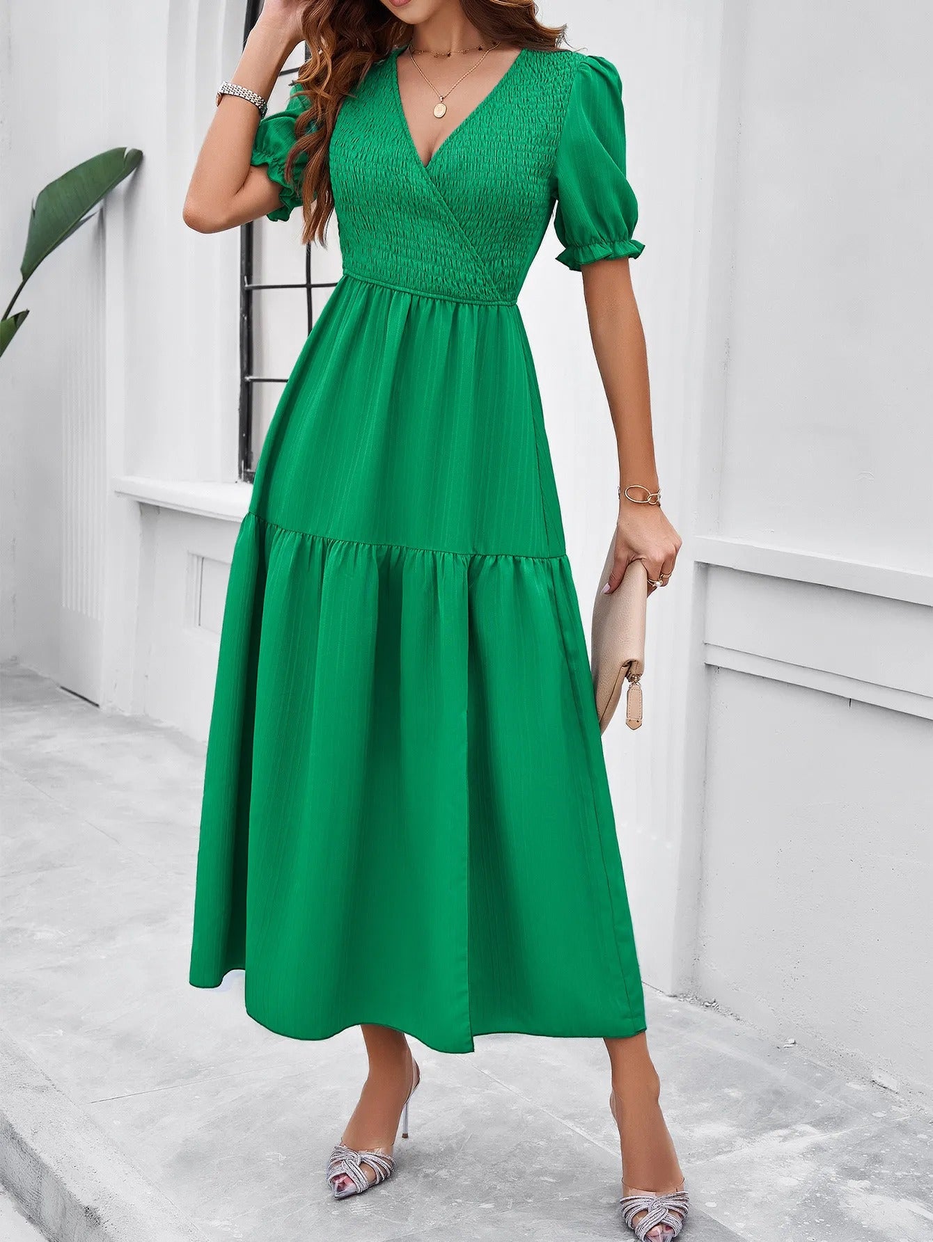 Vestido midi mujer nido de abeja escote cruzado - AmeliaV