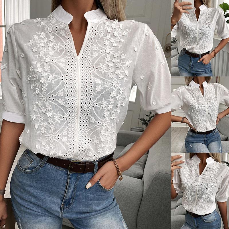 Diana - Blusa femenina de encaje con escote alto y escote en V