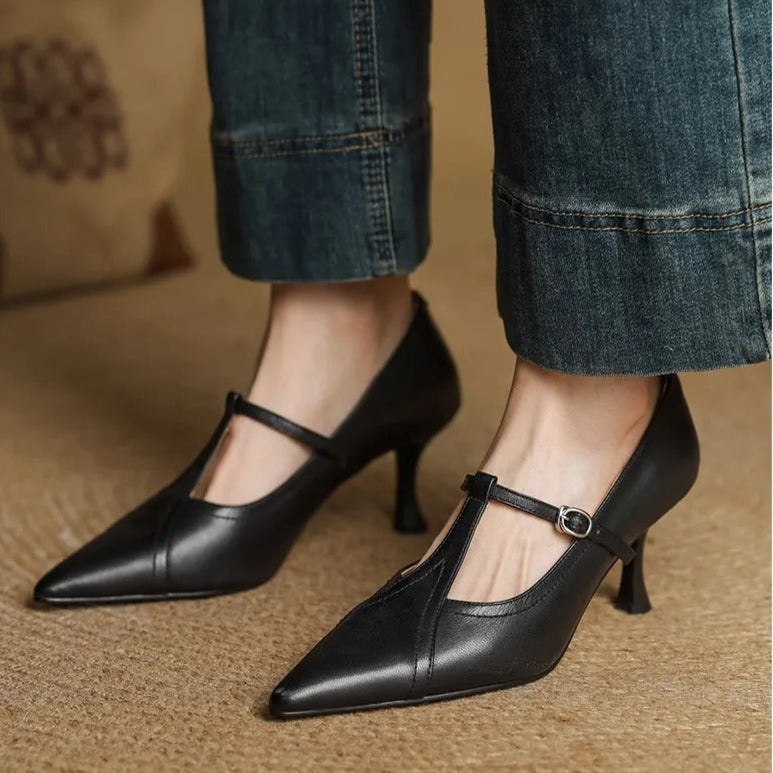 Zapatos de tacón para mujer diseño T-bar elegante acabado liso - Celestine