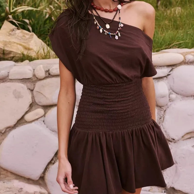 Vestido corto mujer cintura elástica algodón estilo casual - Elina