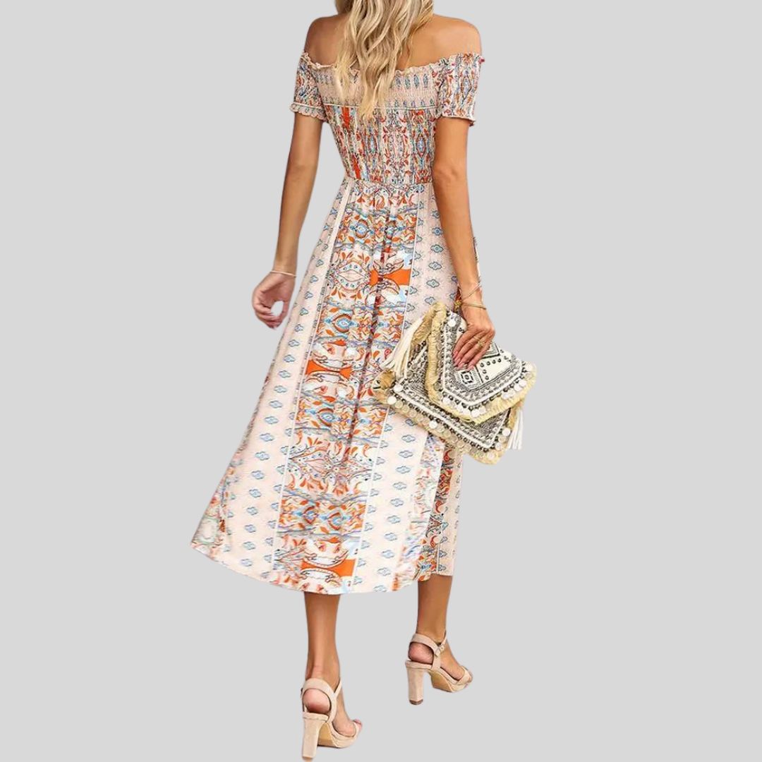 Aurora - Maxivestido boho con hombros al descubierto y volantes