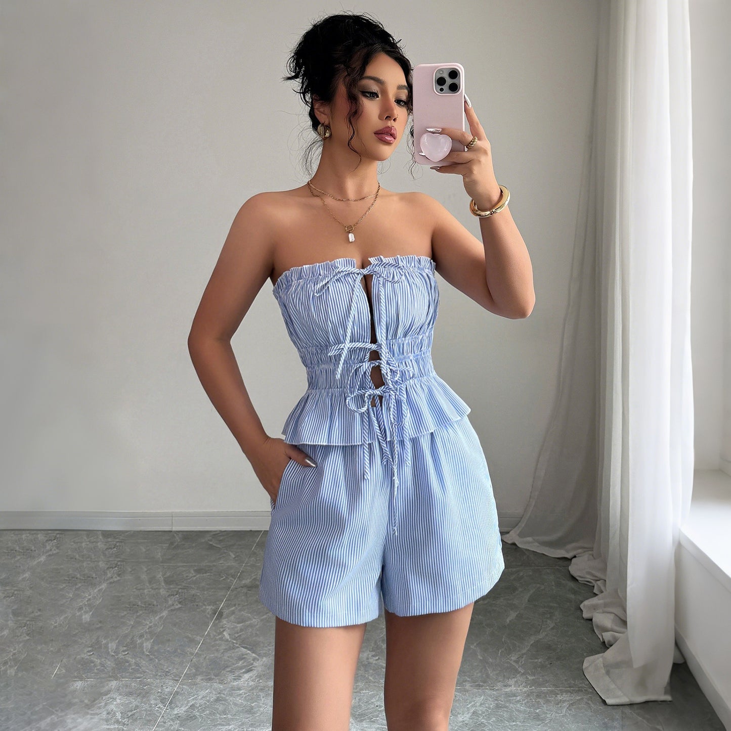 Conjunto corto para mujer de algodón con lazo frontal estilo bandeau - Camila