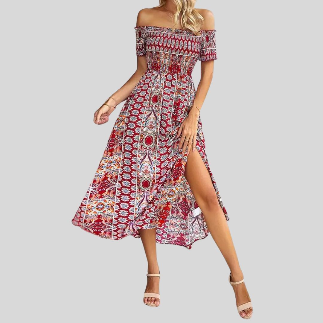 Aurora - Maxivestido boho con hombros al descubierto y volantes