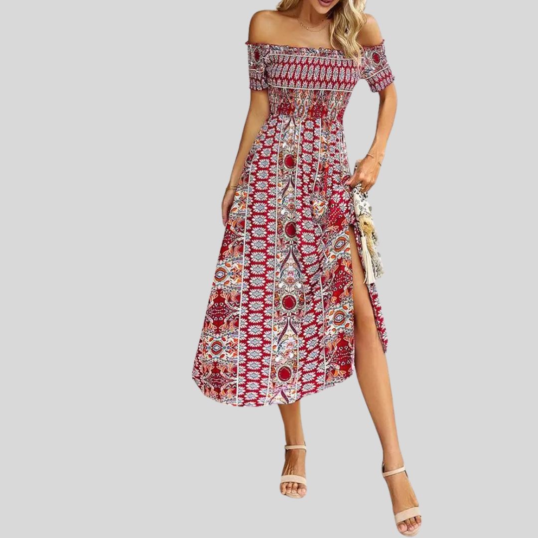 Aurora - Maxivestido boho con hombros al descubierto y volantes