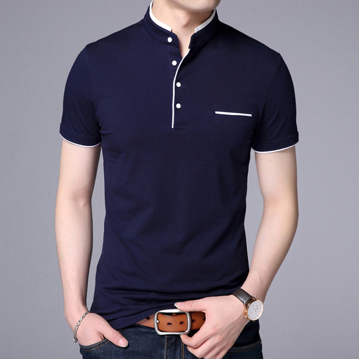 Polo manga corta hombre algodón cuello mao moderno - Álvaro