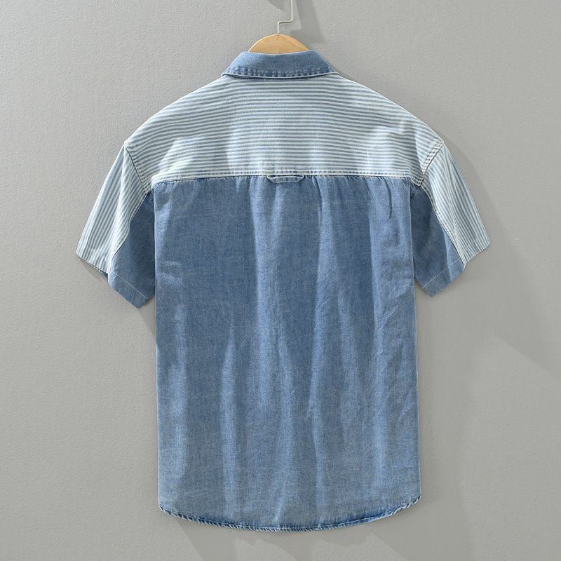Camisa hombre denim patchwork rayas manga corta - Elías