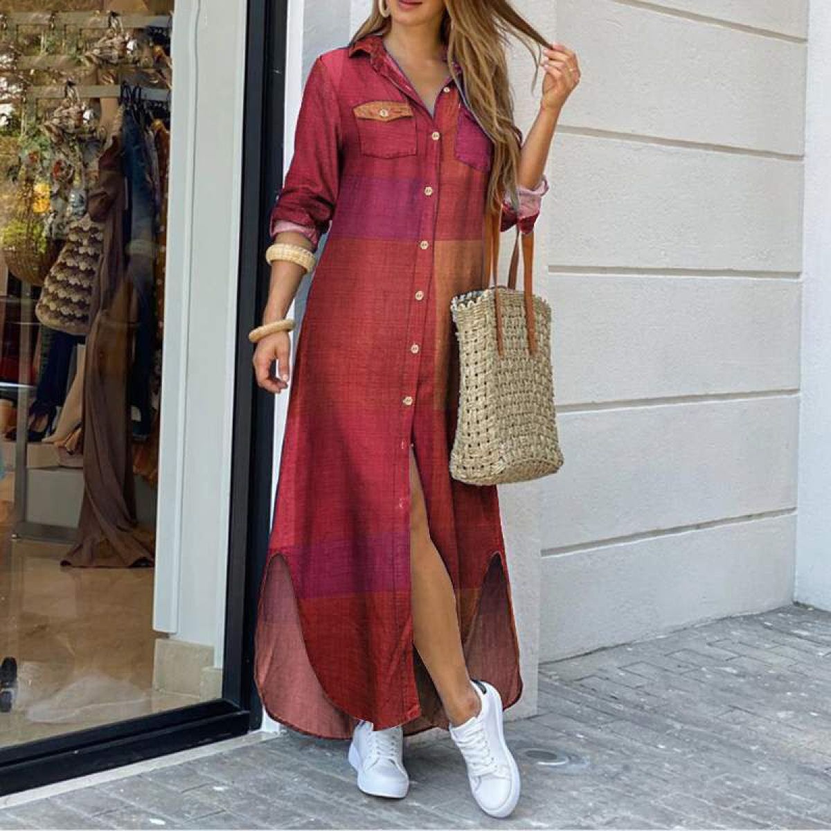 Vestido largo mujer camisero denim degradado con botones - Helena
