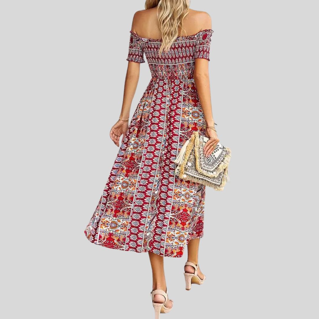 Aurora - Maxivestido boho con hombros al descubierto y volantes