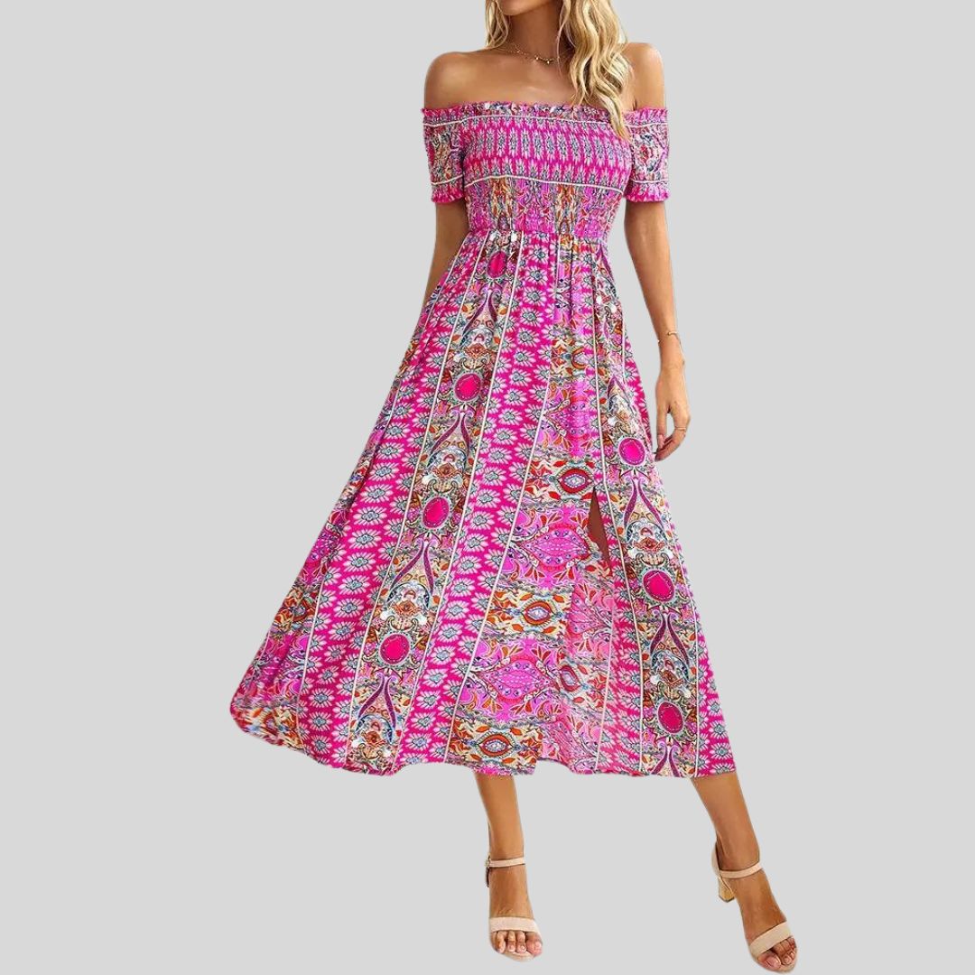 Aurora - Maxivestido boho con hombros al descubierto y volantes
