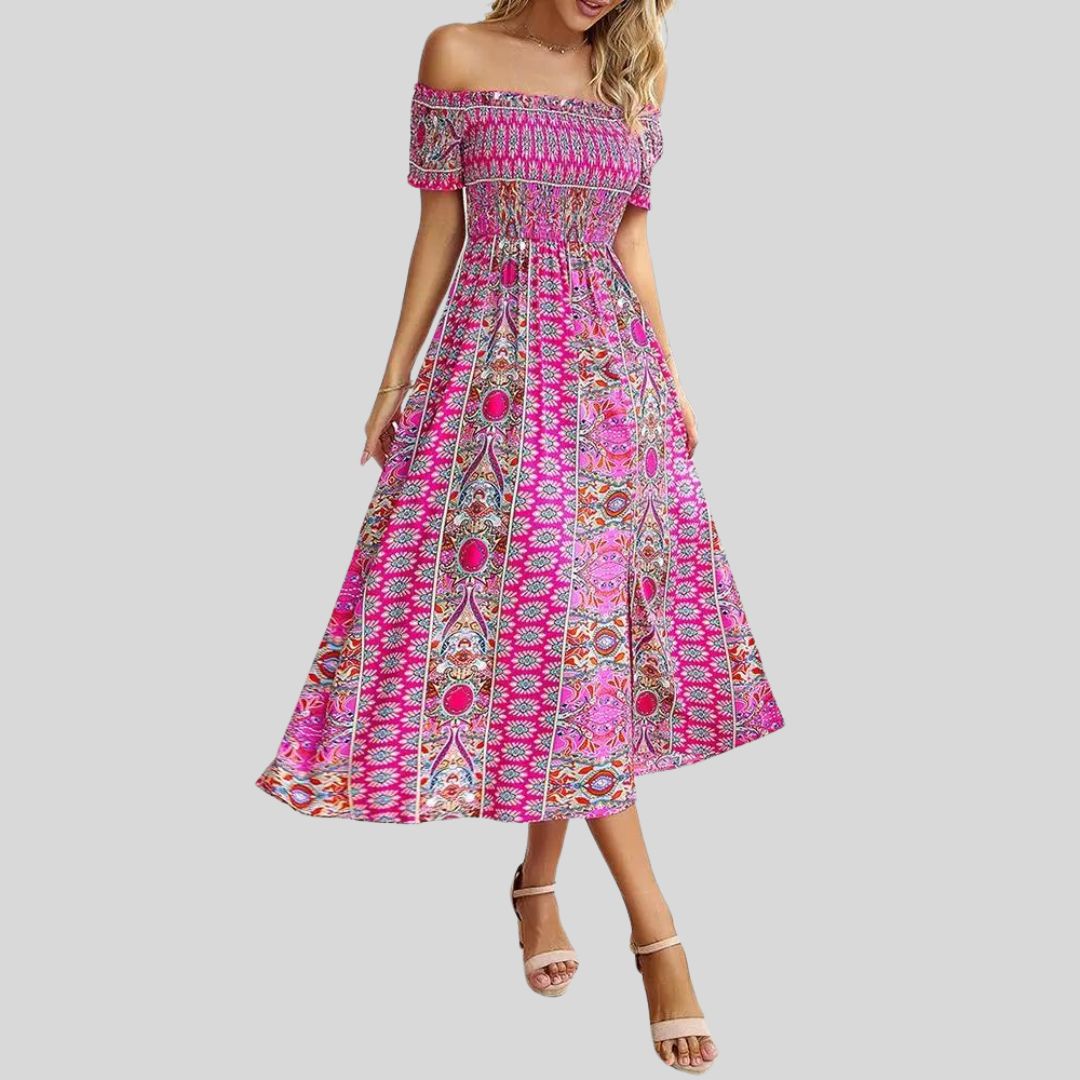 Aurora - Maxivestido boho con hombros al descubierto y volantes