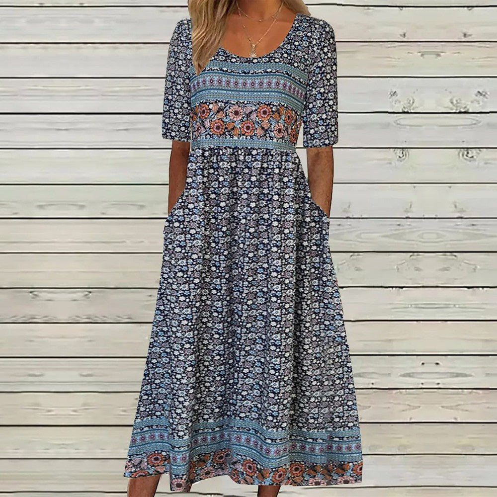 Vestido midi juvenil con cuello redondo y bolsillo lateral
