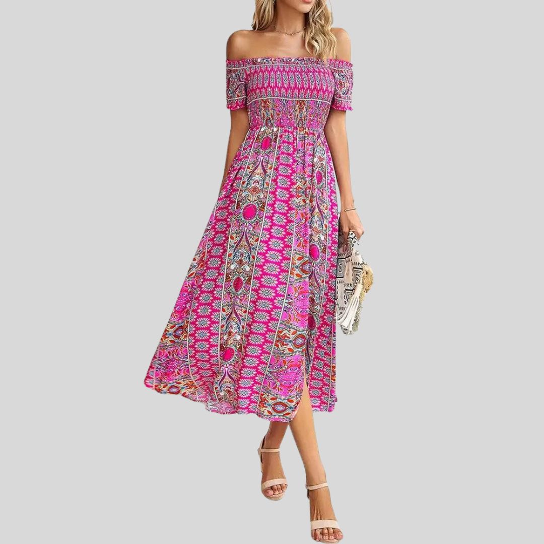 Aurora - Maxivestido boho con hombros al descubierto y volantes