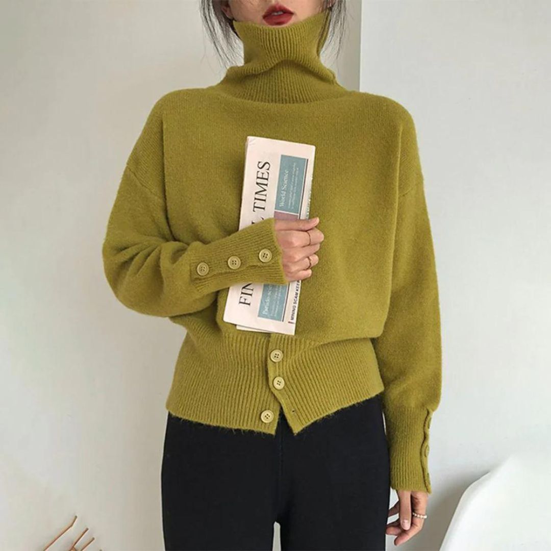 Grace - Elegante jersey de cuello alto de canalé con llamativos botones