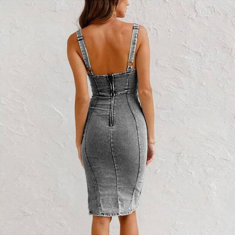 Vestido ajustado para mujer denim con abertura y tirantes - Aitana