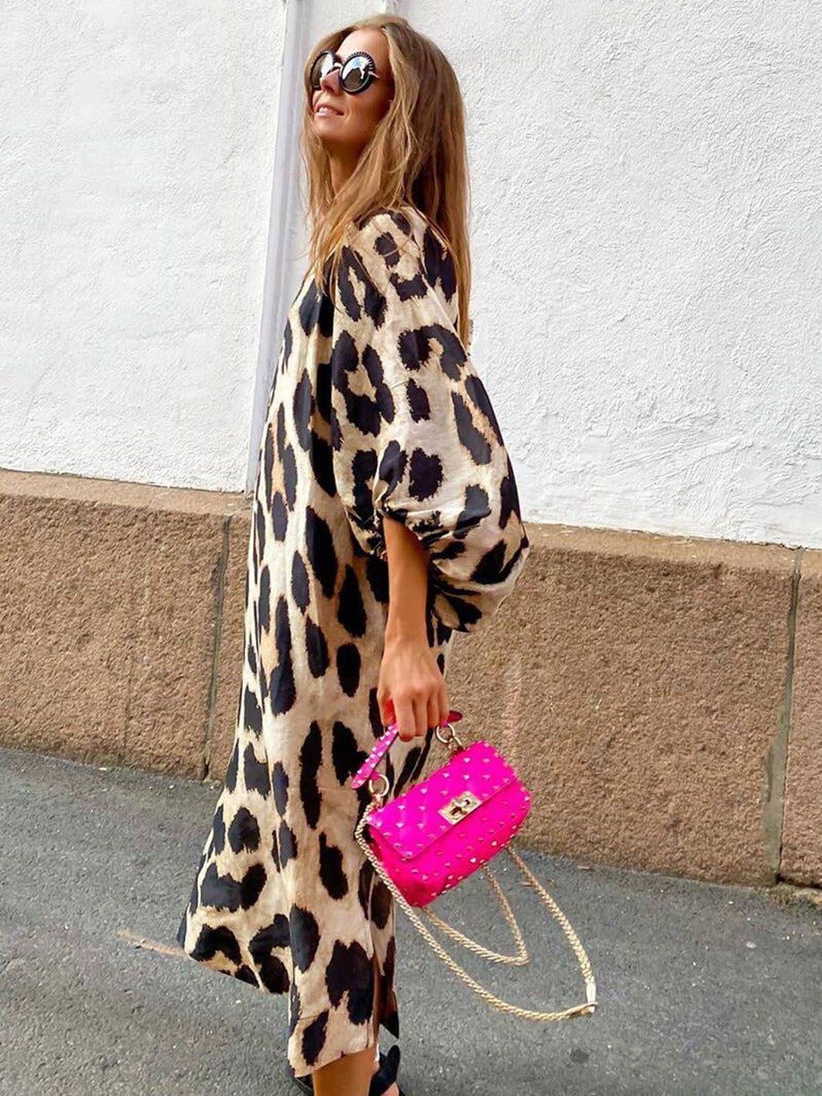 Vestido midi para mujer con estampado animal manga abullonada - Renata