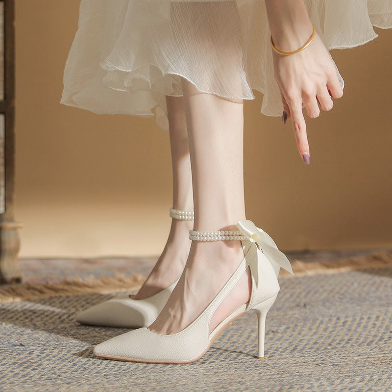 Zapatos de tacón para mujer lazo satinado con pulsera perla - Celeste