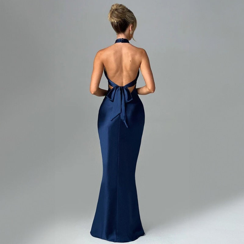 Vestido largo para mujer de satén cruzado con cuello halter - Elvira