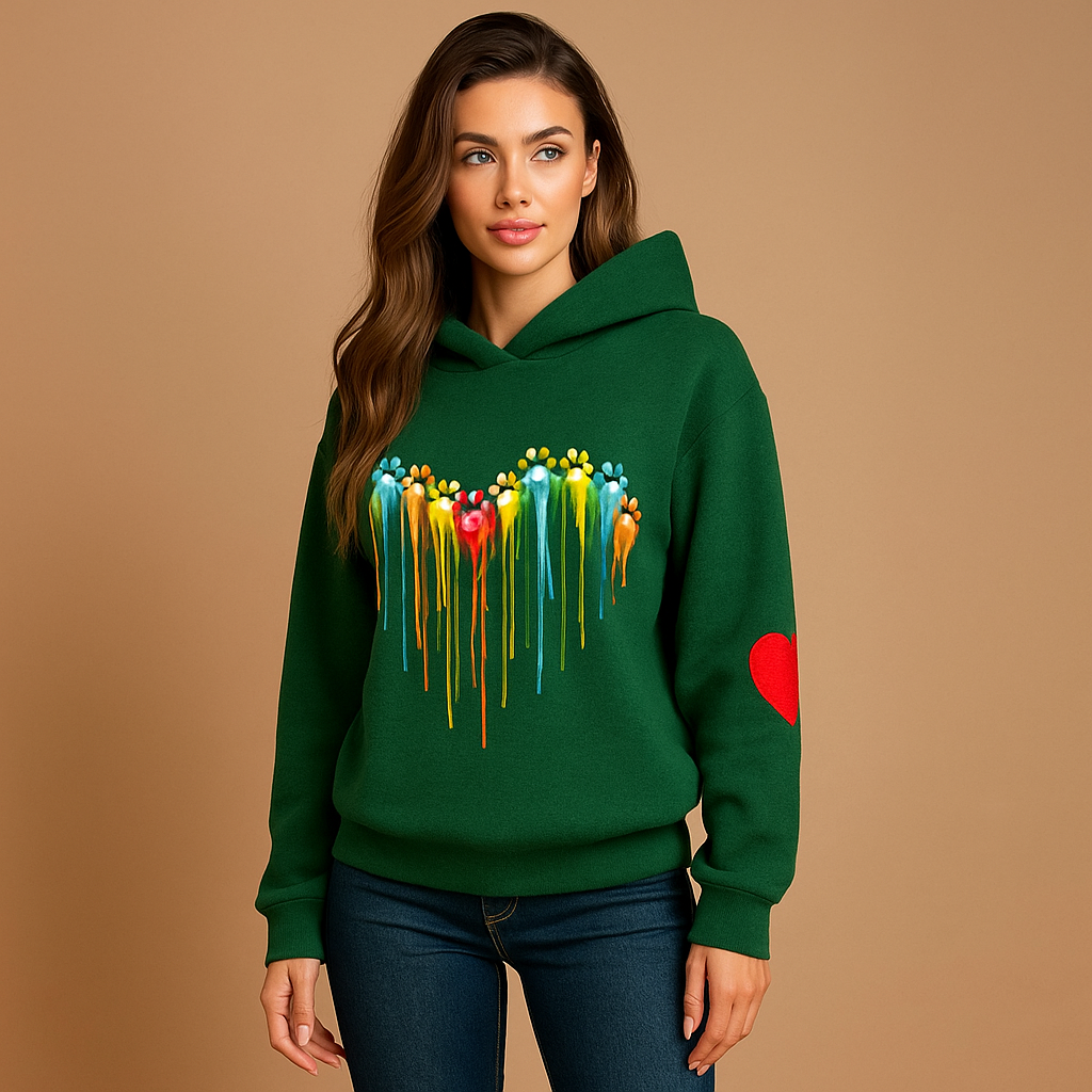 Sudadera mujer capucha estampado huellas corazon multicolor - Laura