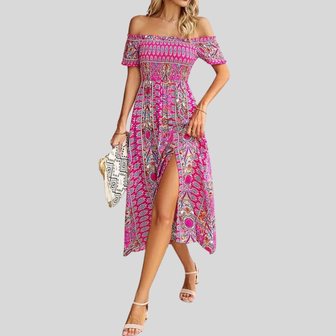 Aurora - Maxivestido boho con hombros al descubierto y volantes