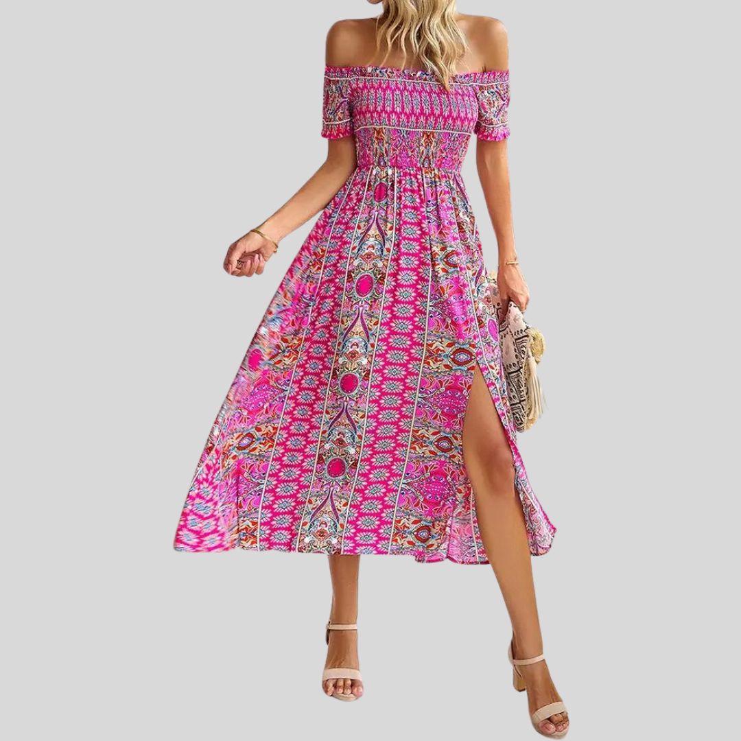 Aurora - Maxivestido boho con hombros al descubierto y volantes