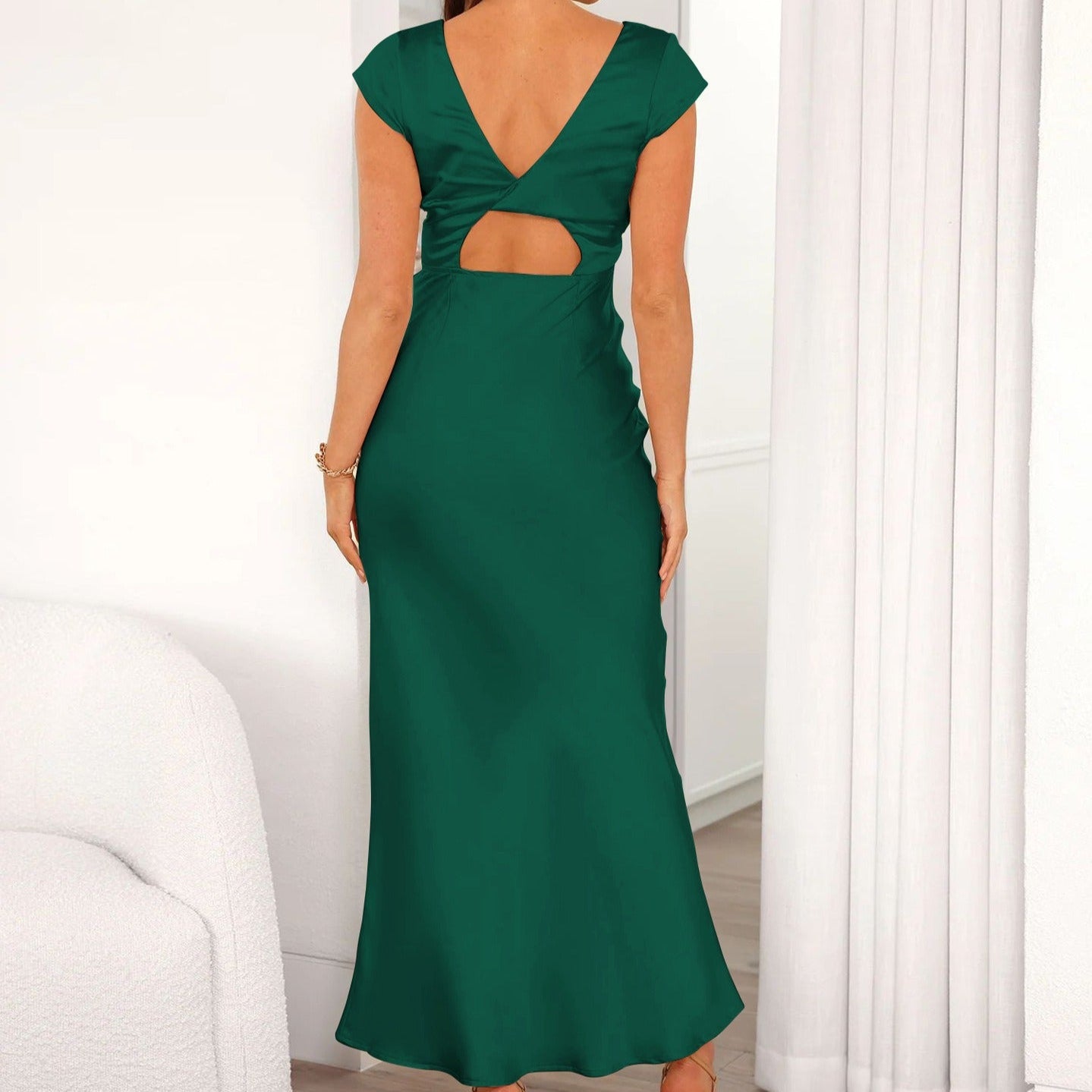 Vestido largo para mujer satinado escote en V estilo formal - Ámbar