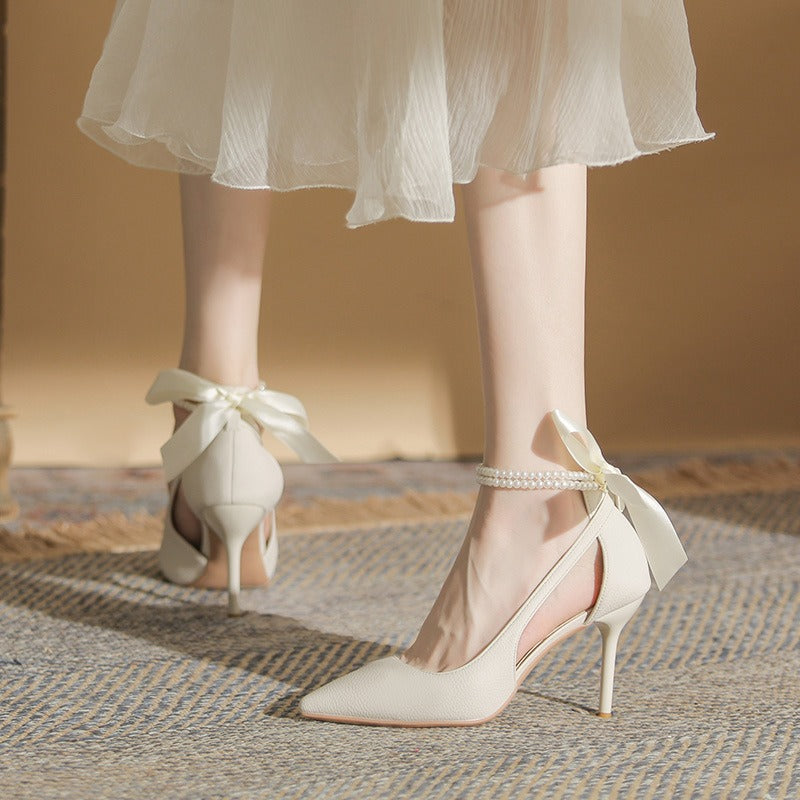 Zapatos de tacón para mujer lazo satinado con pulsera perla - Celeste