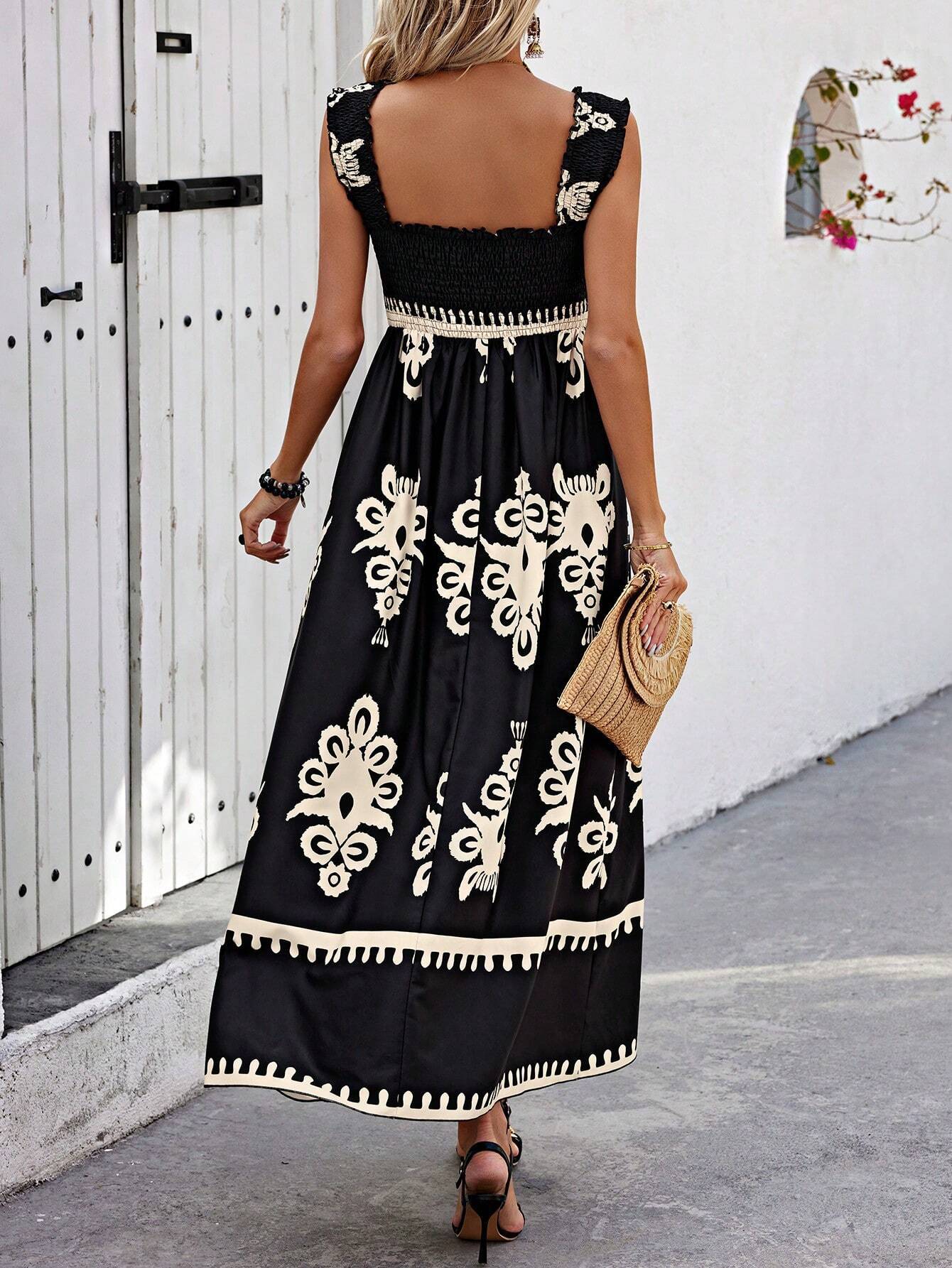 Vestido largo mujer estampado bohemio tirantes playa beige y negro - Zahara