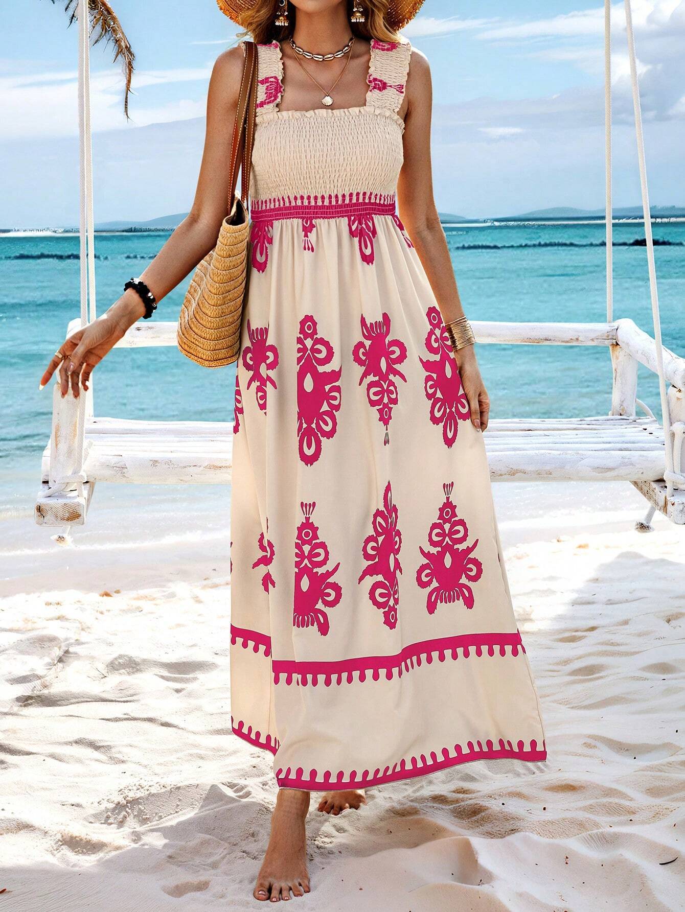 Vestido largo mujer estampado bohemio tirantes playa beige y negro - Zahara