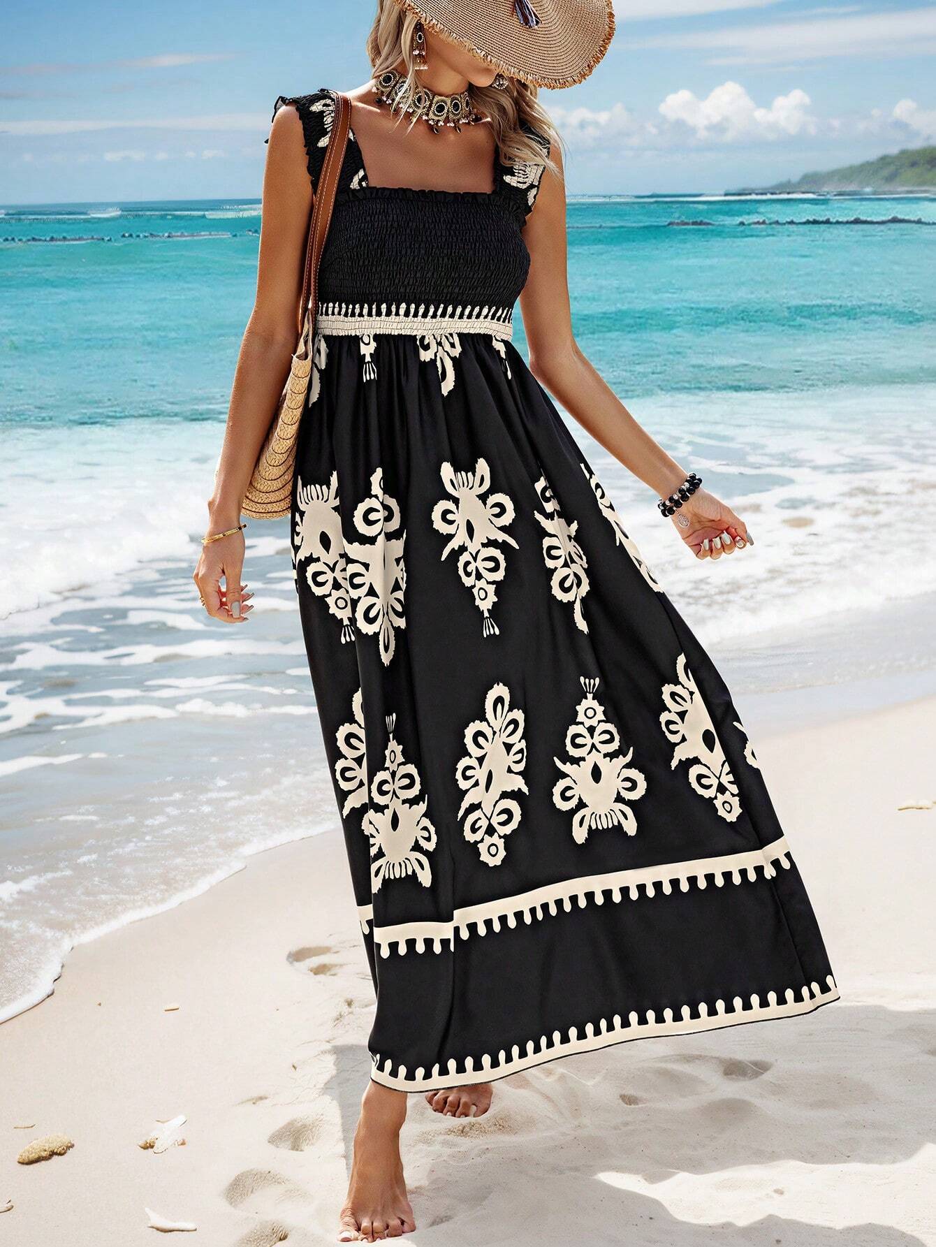 Vestido largo mujer estampado bohemio tirantes playa beige y negro - Zahara