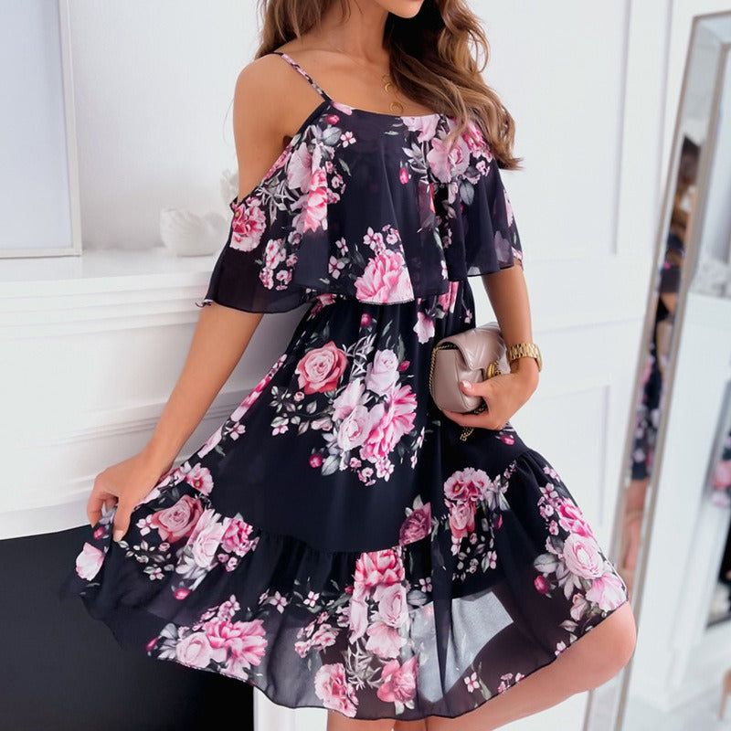 Vestido corto para mujer gasa floral con volantes y hombros descubiertos - Emilia