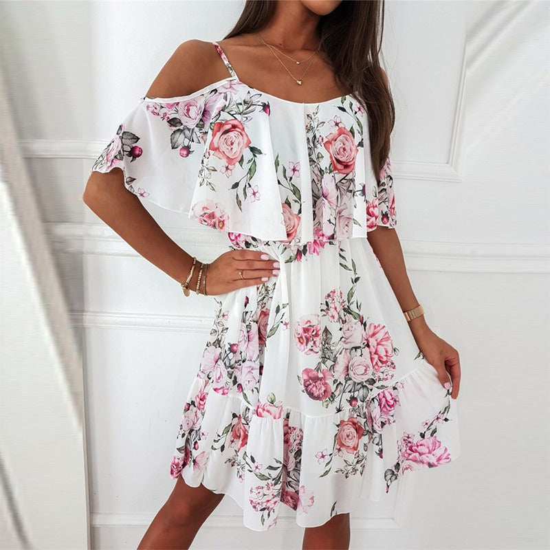 Vestido corto para mujer gasa floral con volantes y hombros descubiertos - Emilia