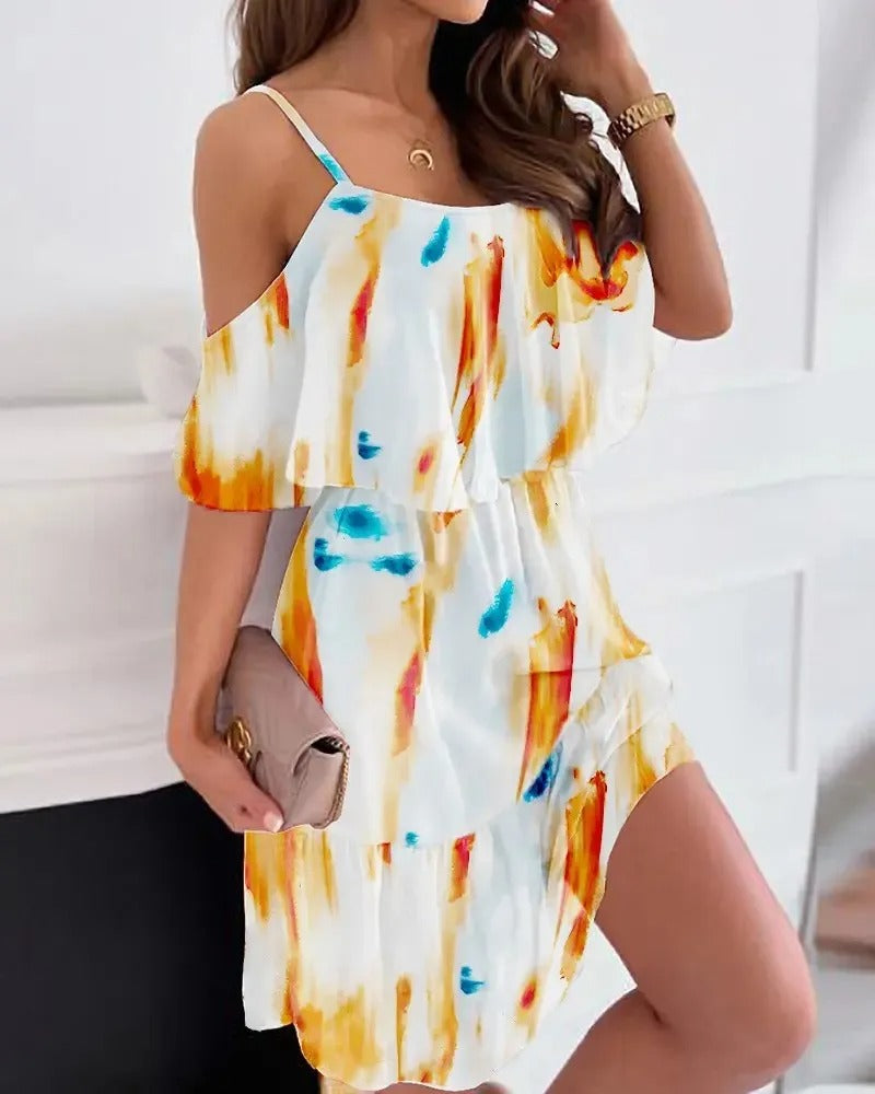 Vestido corto para mujer gasa floral con volantes y hombros descubiertos - Emilia