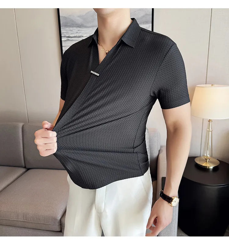 Polo hombre estilo británico textura gofre negro elegante - Lionel