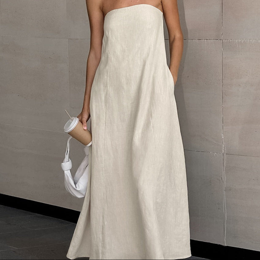 Vestido largo para mujer de lino algodón escote palabra de honor - Elodie
