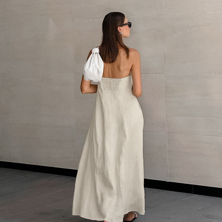 Vestido largo para mujer de lino algodón escote palabra de honor - Elodie