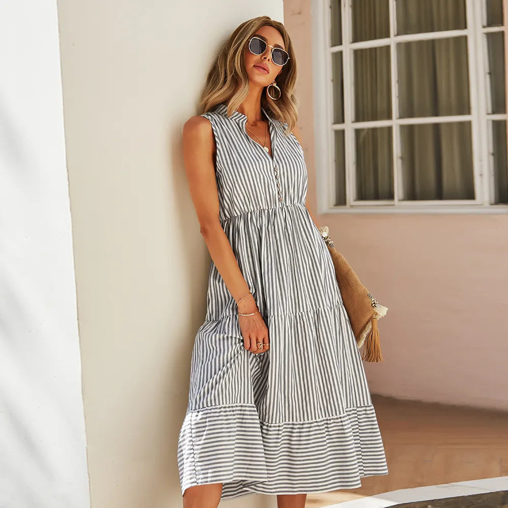 Vestido midi mujer sin mangas estilo camisero a rayas - Estela