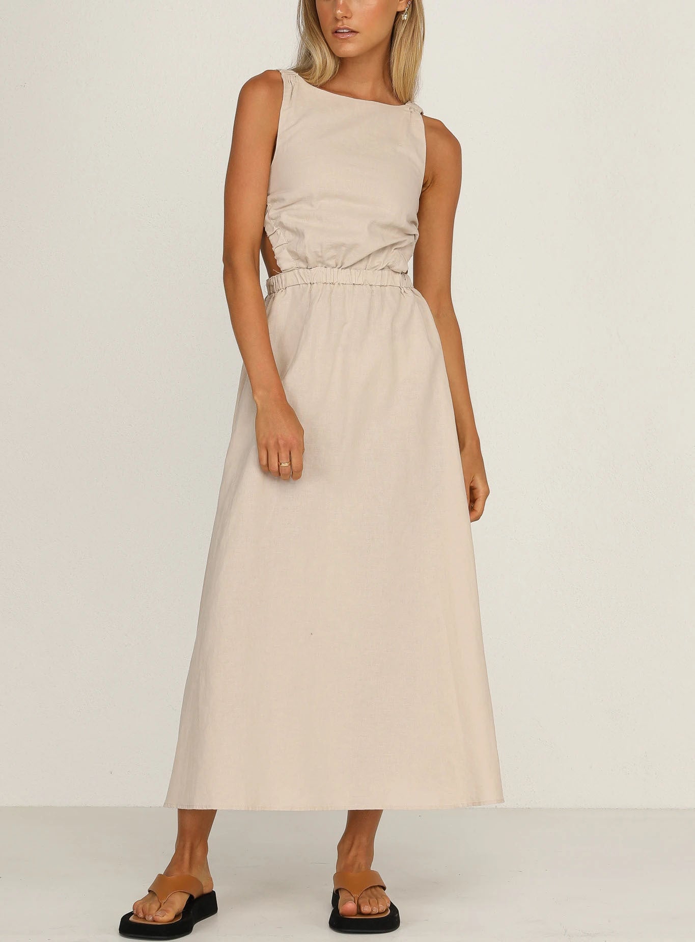 Vestido midi mujer con aberturas laterales algodón lino negro - Camila