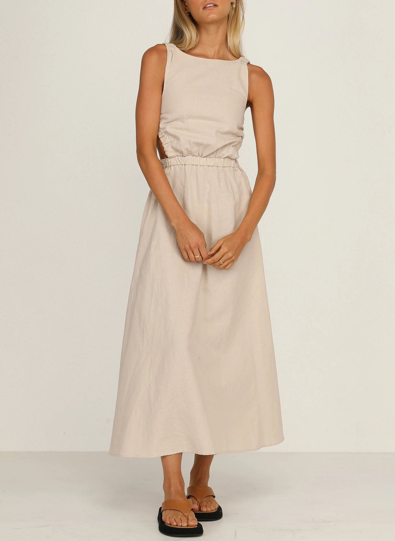 Vestido midi mujer con aberturas laterales algodón lino negro - Camila