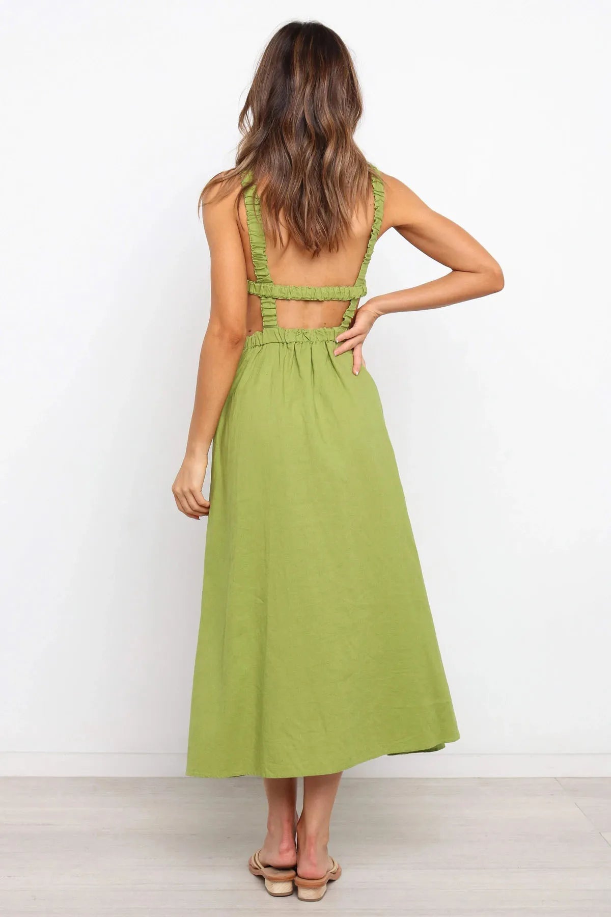 Vestido midi mujer con aberturas laterales algodón lino negro - Camila