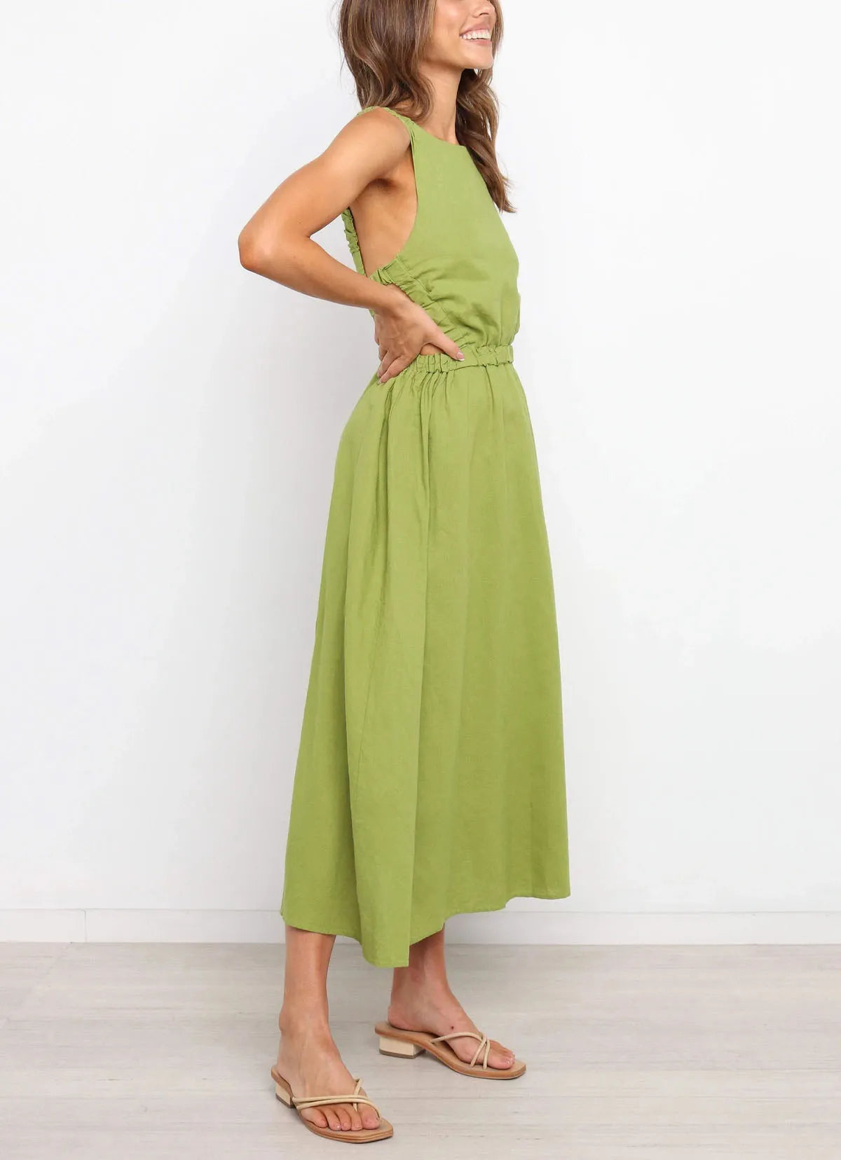 Vestido midi mujer con aberturas laterales algodón lino negro - Camila