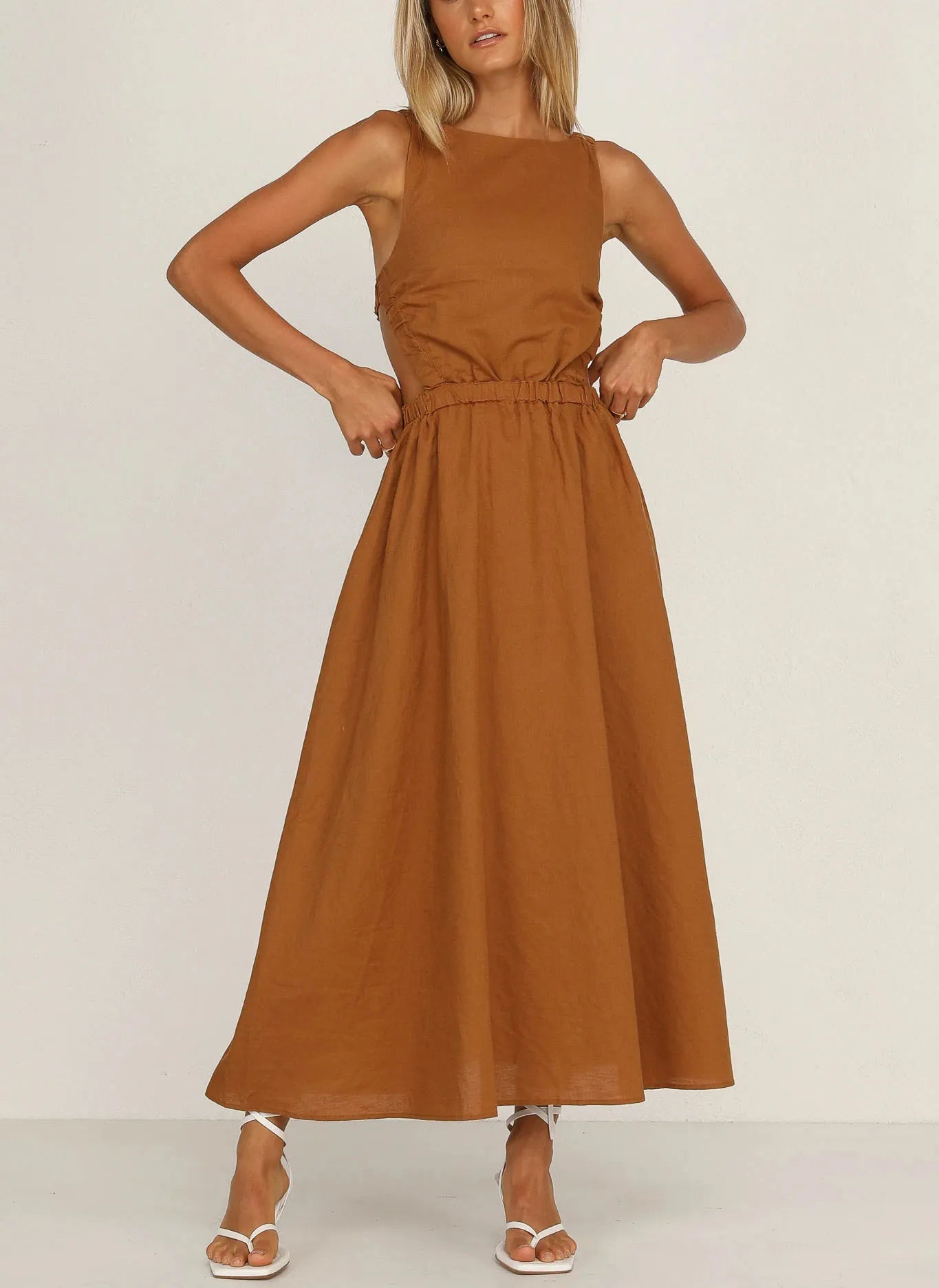 Vestido midi mujer con aberturas laterales algodón lino negro - Camila
