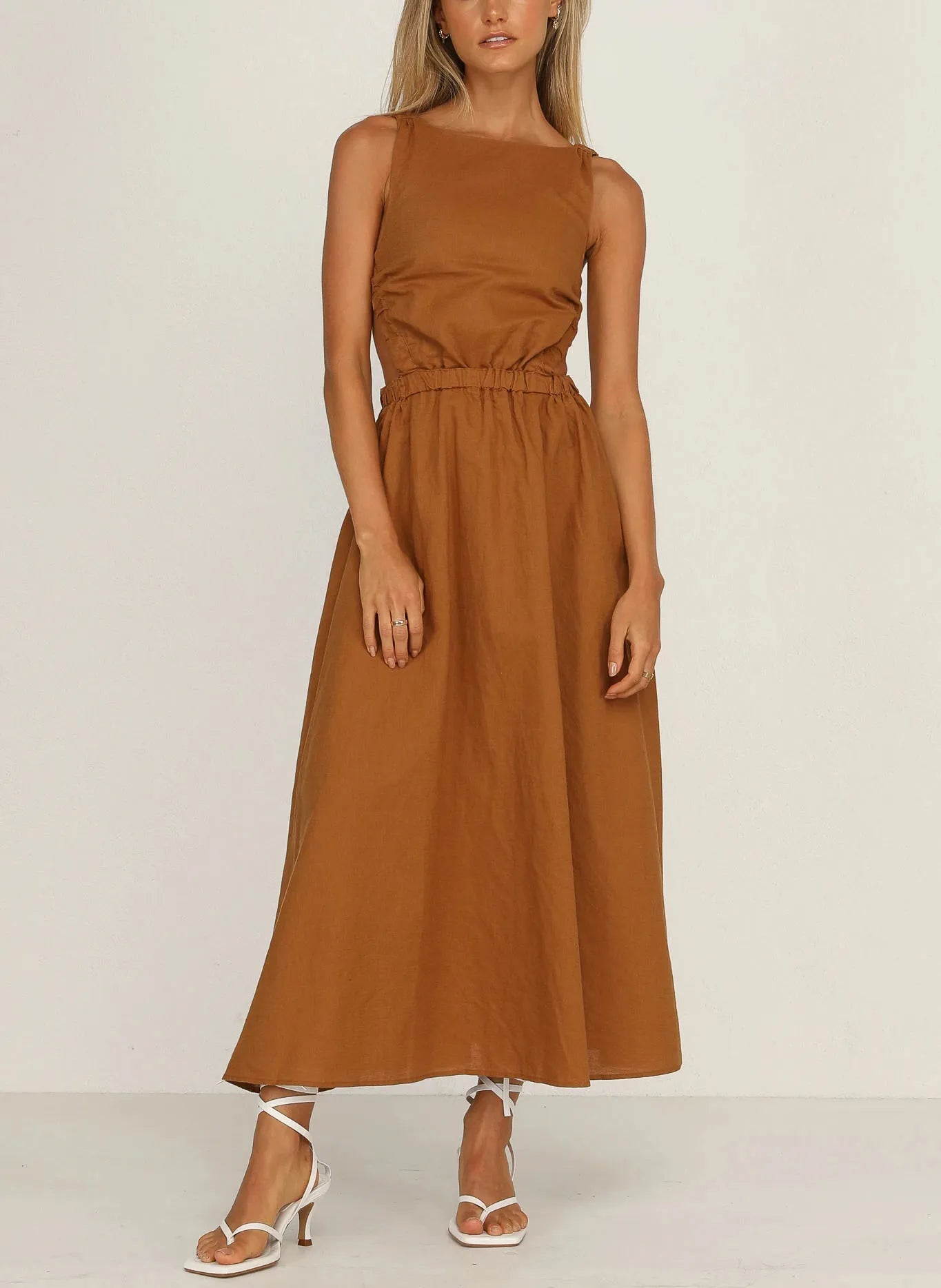 Vestido midi mujer con aberturas laterales algodón lino negro - Camila