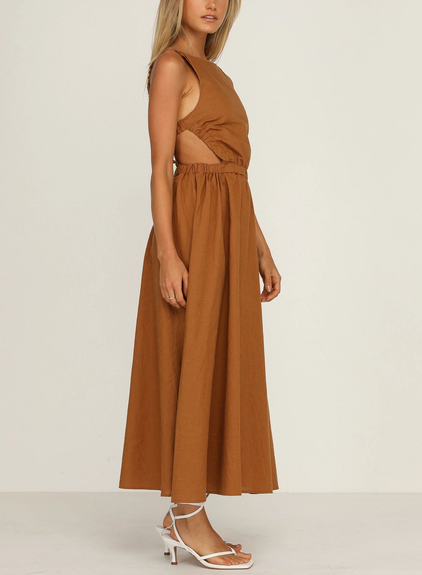 Vestido midi mujer con aberturas laterales algodón lino negro - Camila