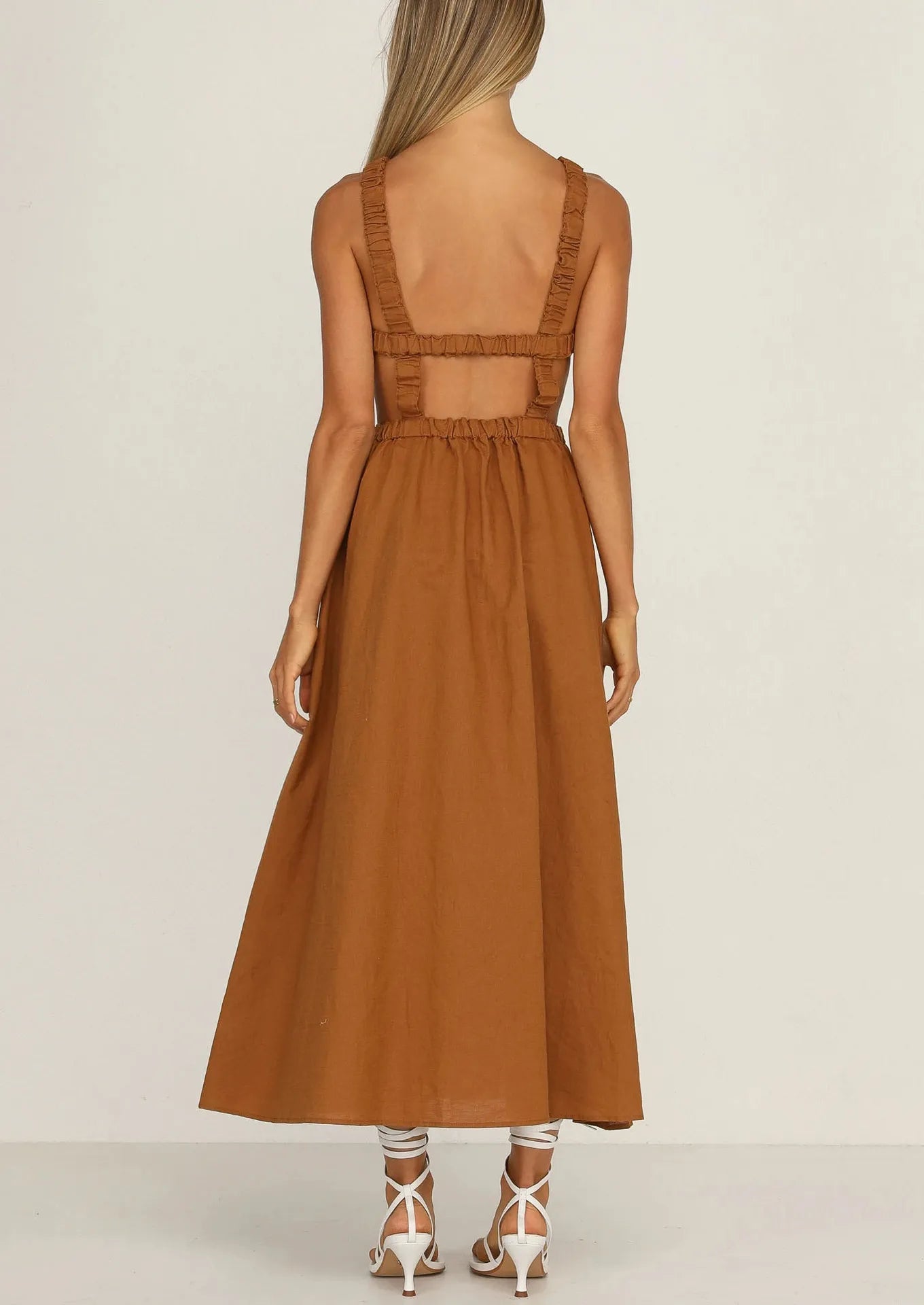 Vestido midi mujer con aberturas laterales algodón lino negro - Camila
