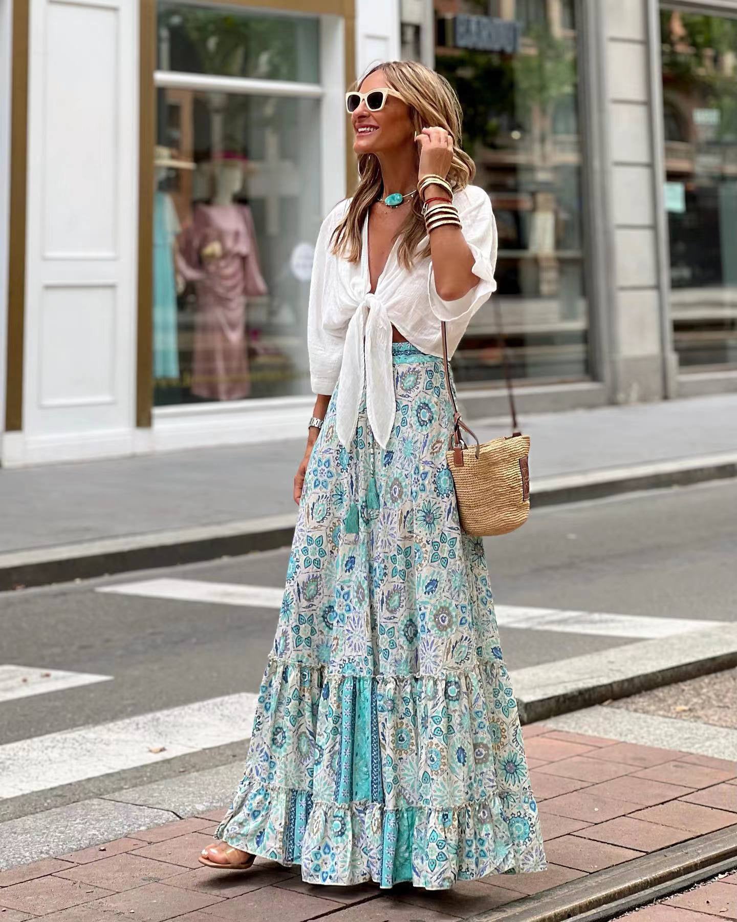 Falda larga mujer estilo bohemio floral holgada verano - Amara