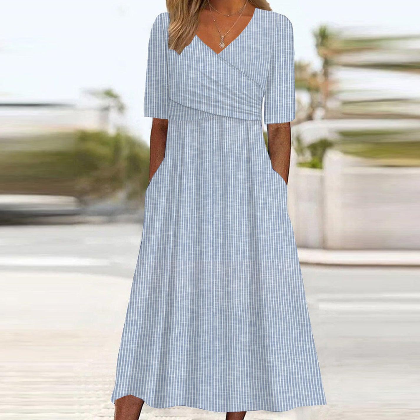 Bianca - Vestido midi de rayas azul con manga corta