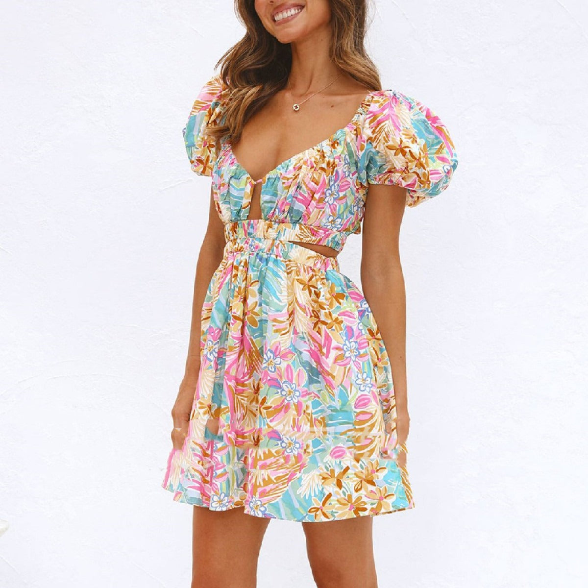 Vestido corto mujer estampado floral escote fruncido - Valeria