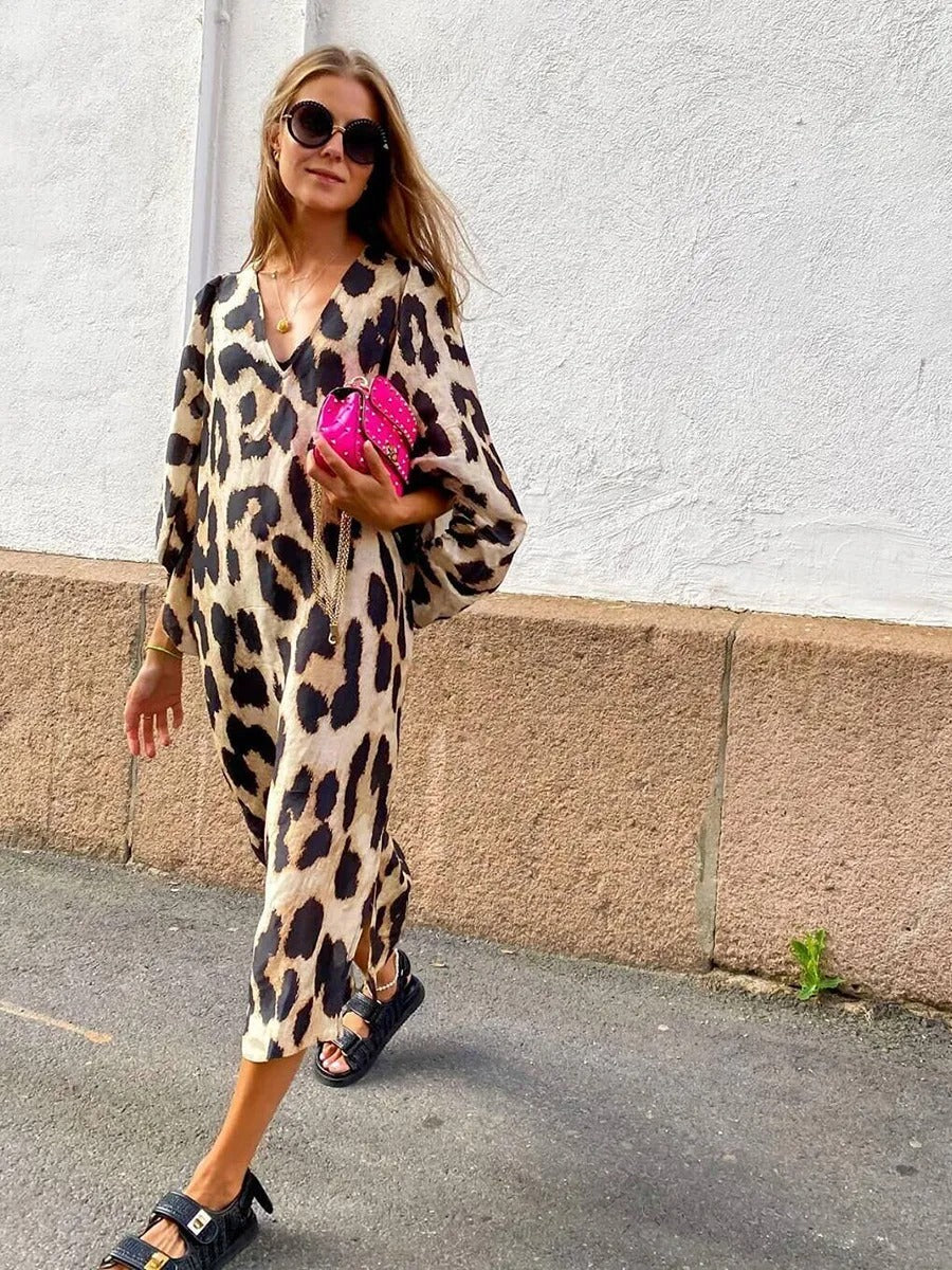 Vestido midi para mujer con estampado animal manga abullonada - Renata