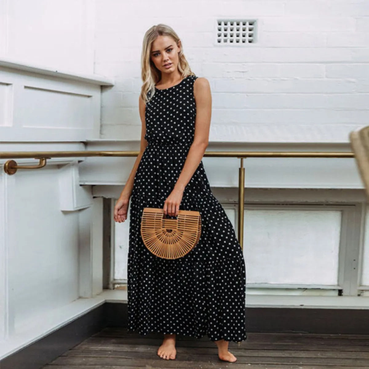 Vestido largo para mujer estampado de lunares estilo fluido - Naomi
