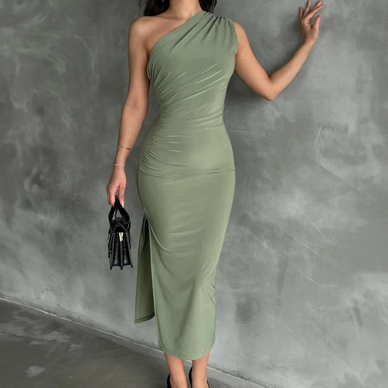 Vestido mujer elegante sin mangas abertura lateral negro - Alessia